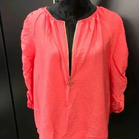 Marc New York 3/4 ruched sleeve, gold zipper detail, top - cayenne - Picture 3 of 11